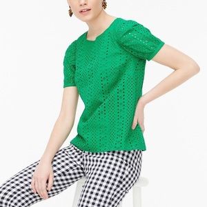 J. Crew Factory Green Eyelet puff-sleeve top S